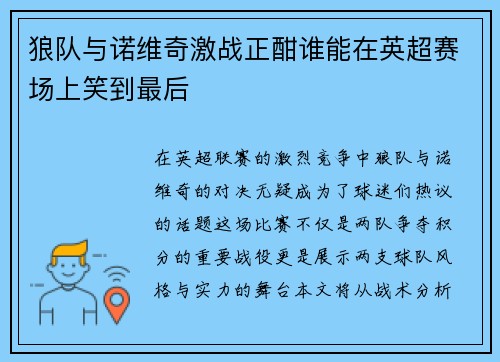狼队与诺维奇激战正酣谁能在英超赛场上笑到最后